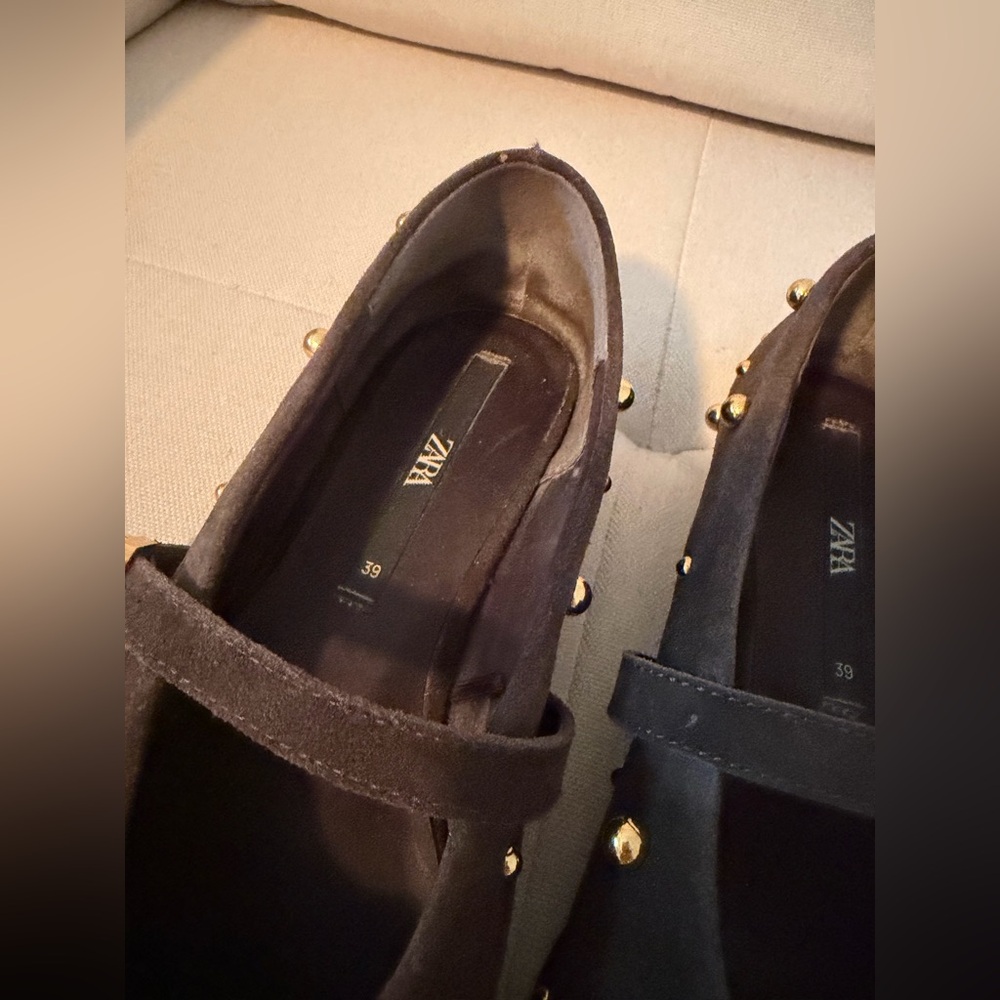 Zara Brown suede gold stud studded Mary Jane flats. Excellent condition! - Picture 3 of 8